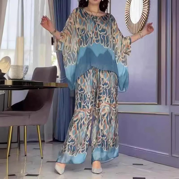 Καλοκαιρινό Νέο Ευρωπαϊκό και Αμερικανικό Amazon Crossborder Γυναικείο Boho Casual Καρό Μπλούζα και Παντελόνι Κοστούμι