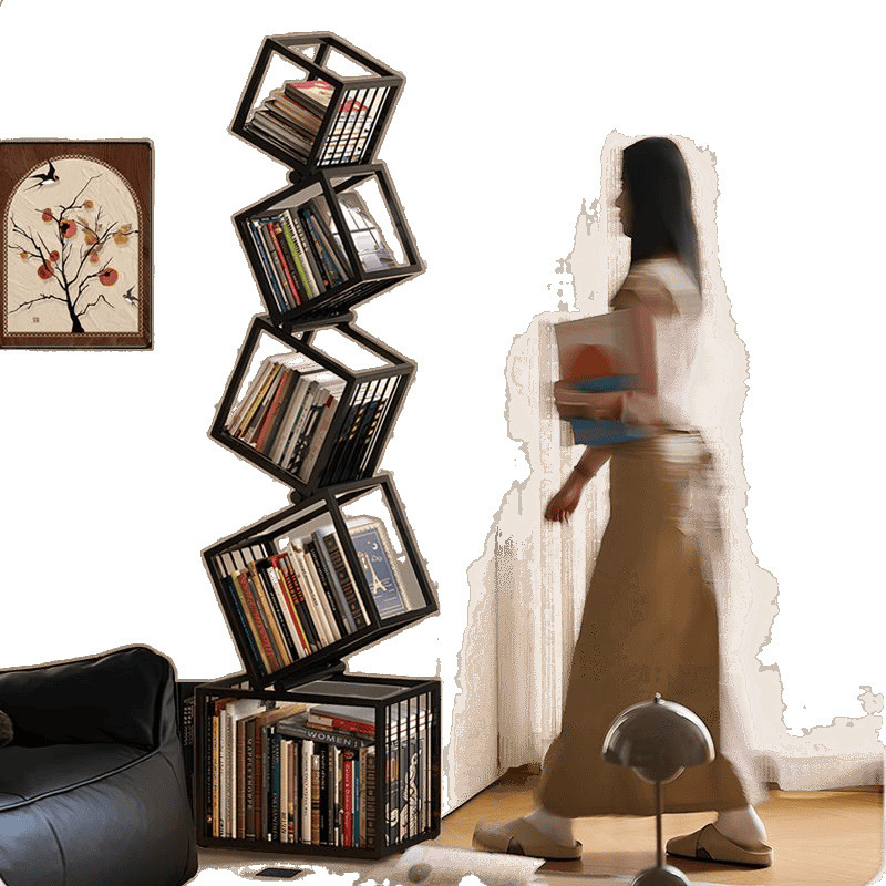 Trendikas kodunurk, vertikaalne loominguline raamaturiiul, moodne põrandal seisev lihtne hoiuriiul, raamaturiiuli kabinet, nurgariiul