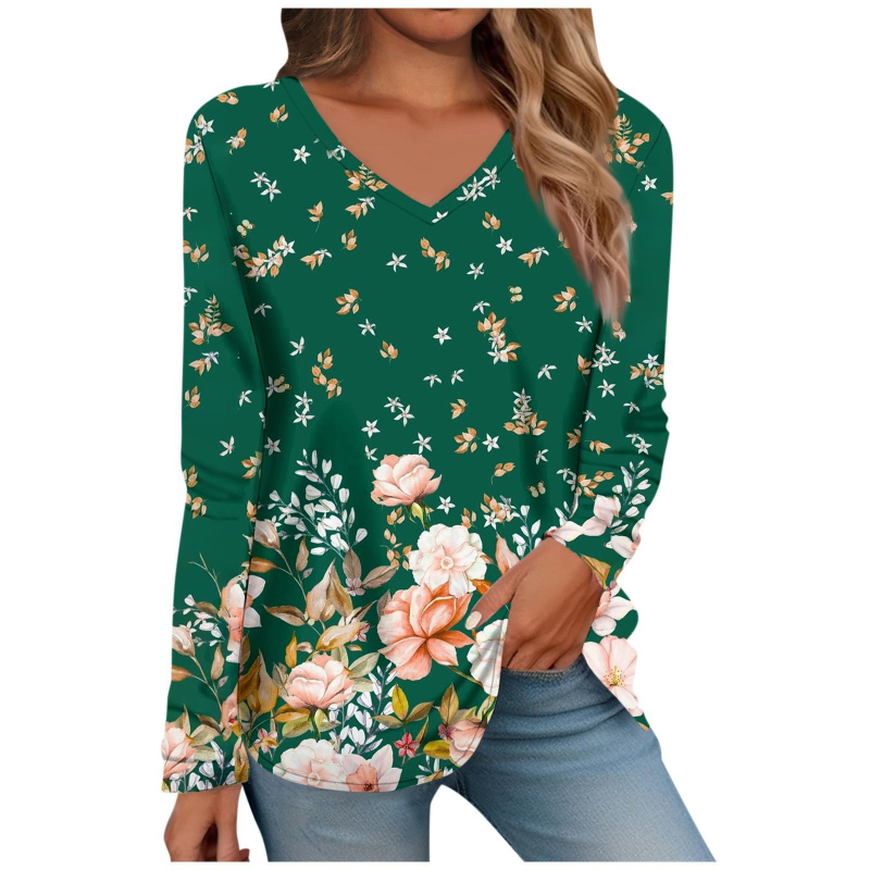 2024. aasta uus Euroopa ja Ameerika pluss-suuruses naiste lahtise abstraktse mustriga 3D-prinditud V-kaelusega pullover-pikkade varrukatega T-särk