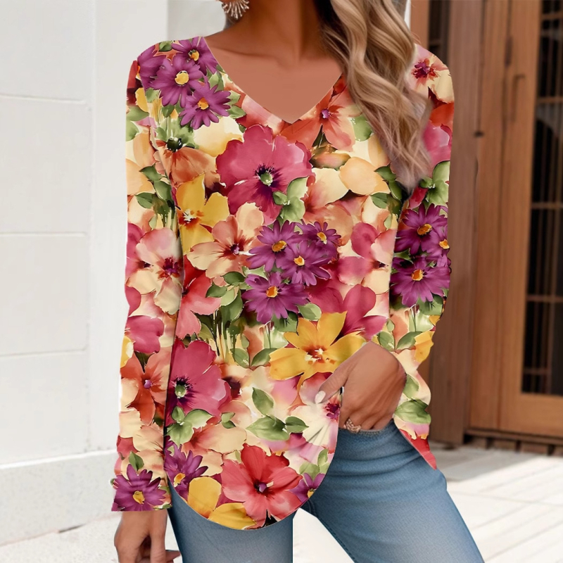 2024. aasta uus Euroopa ja Ameerika pluss-suuruses naiste lahtise abstraktse mustriga 3D-prinditud V-kaelusega pullover-pikkade varrukatega T-särk