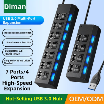4-pordiline USB 3.0 jaotur, kiire jaotur, USB-jaoturiga dokkimisjaam, sõltumatu lülitiga üks-seitsmele jaoturiga dokkimisjaam