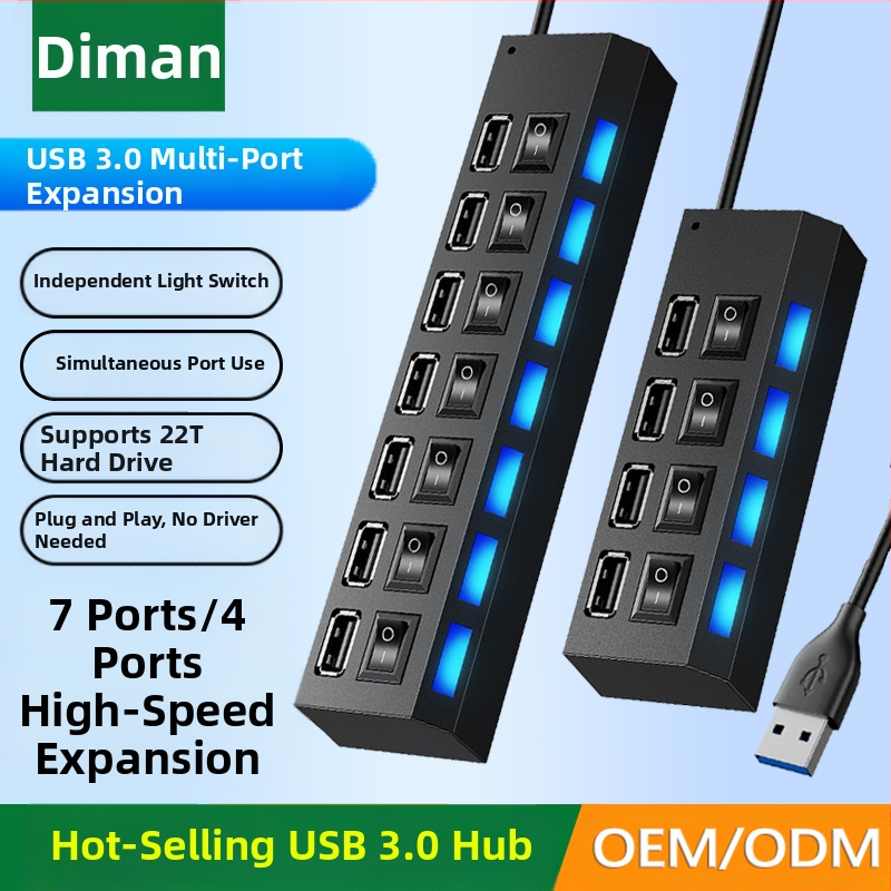 4-pordiline USB 3.0 jaotur, kiire jaotur, USB-jaoturiga dokkimisjaam, sõltumatu lülitiga üks-seitsmele jaoturiga dokkimisjaam