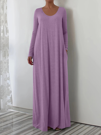 2025. aasta Euroopa-Ameerika piiriülene Amazoni kiirelt müüv bestseller, ümara kaelusega pika stiiliga kleit, pikkade varrukatega, ühevärviline, lihtne ja minimalistlik.