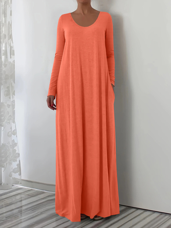 2025. aasta Euroopa-Ameerika piiriülene Amazoni kiirelt müüv bestseller, ümara kaelusega pika stiiliga kleit, pikkade varrukatega, ühevärviline, lihtne ja minimalistlik.