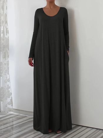 2025. aasta Euroopa-Ameerika piiriülene Amazoni kiirelt müüv bestseller, ümara kaelusega pika stiiliga kleit, pikkade varrukatega, ühevärviline, lihtne ja minimalistlik.