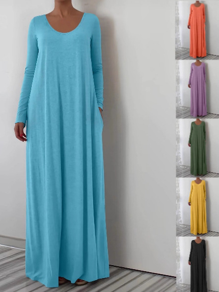 2025. aasta Euroopa-Ameerika piiriülene Amazoni kiirelt müüv bestseller, ümara kaelusega pika stiiliga kleit, pikkade varrukatega, ühevärviline, lihtne ja minimalistlik.