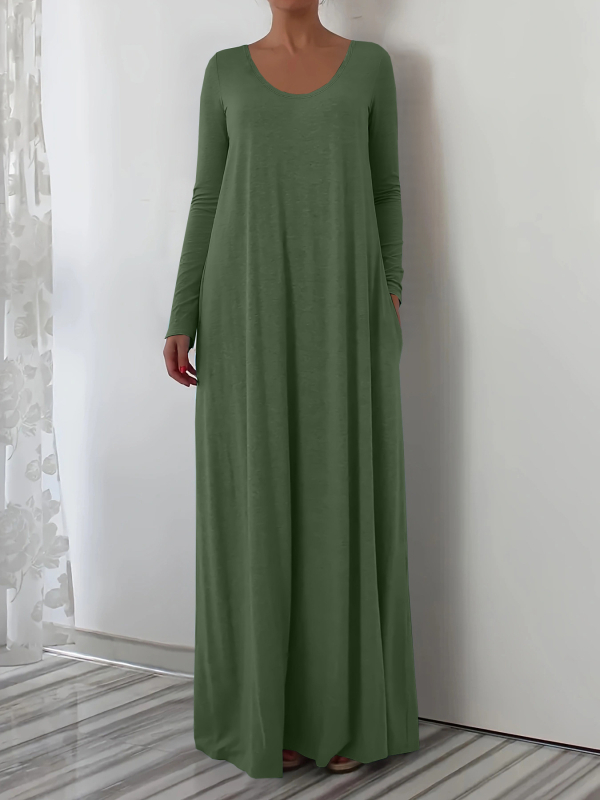 2025. aasta Euroopa-Ameerika piiriülene Amazoni kiirelt müüv bestseller, ümara kaelusega pika stiiliga kleit, pikkade varrukatega, ühevärviline, lihtne ja minimalistlik.