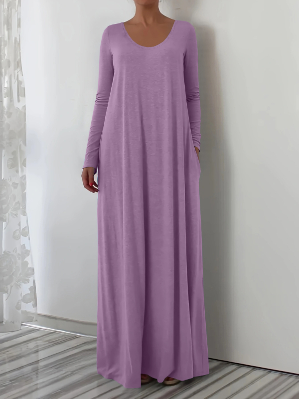 2025. aasta Euroopa-Ameerika piiriülene Amazoni kiirelt müüv bestseller, ümara kaelusega pika stiiliga kleit, pikkade varrukatega, ühevärviline, lihtne ja minimalistlik.