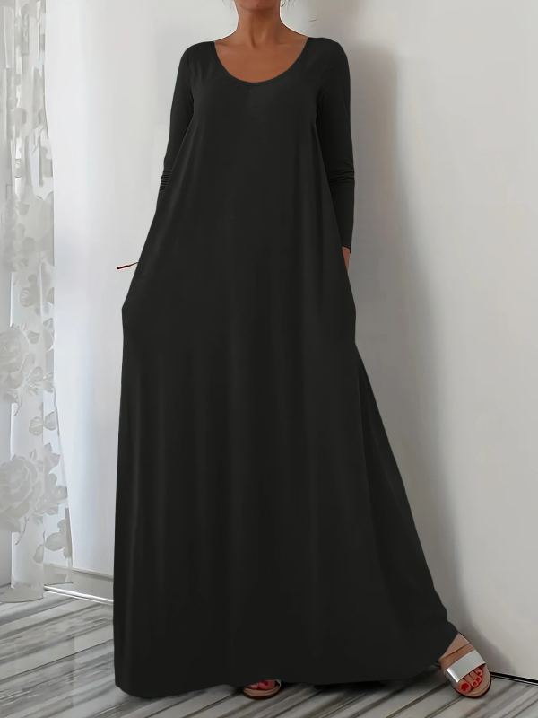 2025. aasta Euroopa-Ameerika piiriülene Amazoni kiirelt müüv bestseller, ümara kaelusega pika stiiliga kleit, pikkade varrukatega, ühevärviline, lihtne ja minimalistlik.