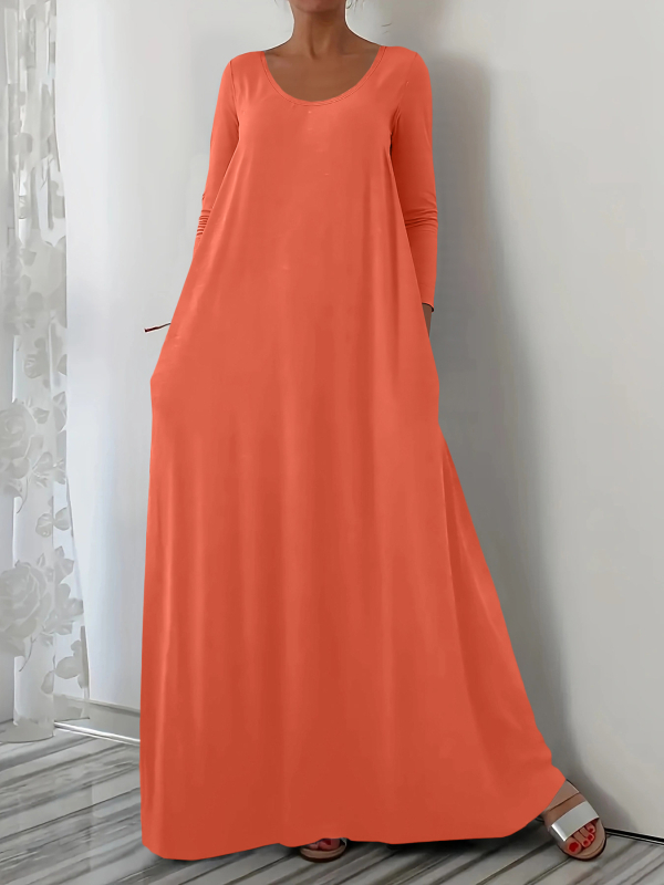 2025. aasta Euroopa-Ameerika piiriülene Amazoni kiirelt müüv bestseller, ümara kaelusega pika stiiliga kleit, pikkade varrukatega, ühevärviline, lihtne ja minimalistlik.