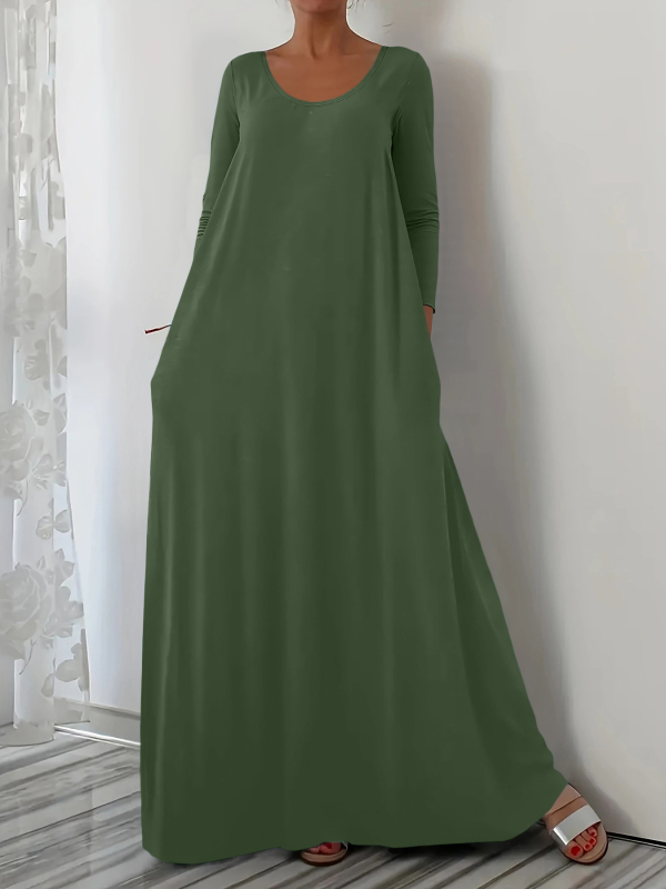 2025. aasta Euroopa-Ameerika piiriülene Amazoni kiirelt müüv bestseller, ümara kaelusega pika stiiliga kleit, pikkade varrukatega, ühevärviline, lihtne ja minimalistlik.