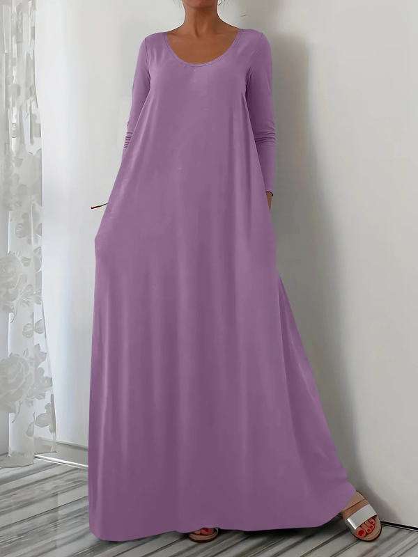 2025. aasta Euroopa-Ameerika piiriülene Amazoni kiirelt müüv bestseller, ümara kaelusega pika stiiliga kleit, pikkade varrukatega, ühevärviline, lihtne ja minimalistlik.