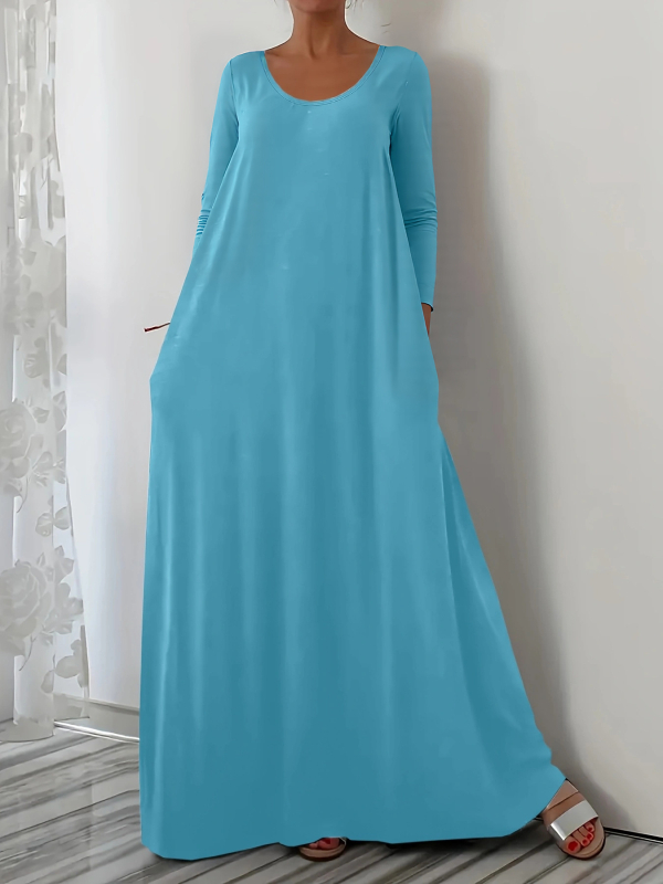 2025. aasta Euroopa-Ameerika piiriülene Amazoni kiirelt müüv bestseller, ümara kaelusega pika stiiliga kleit, pikkade varrukatega, ühevärviline, lihtne ja minimalistlik.