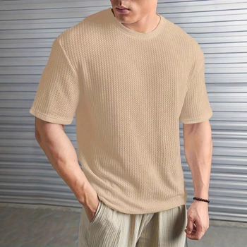 2025. aasta uus suvine meeste piiriülene Xiyin Amazon Aliexpressi puhta värvi žakaarmustriga ümara kaelusega kootud lühikeste varrukatega T-särk