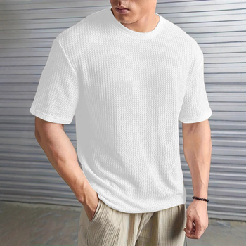 Νέο καλοκαιρινό ανδρικό μπλουζάκι Xiyin Amazon Aliexpress Pure Color Jacquard με στρογγυλή λαιμόκοψη και κοντομάνικο ύφασμα για άνδρες του 2025