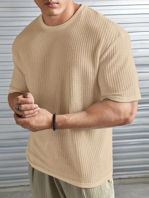 2025. aasta uus suvine meeste piiriülene Xiyin Amazon Aliexpressi puhta värvi žakaarmustriga ümara kaelusega kootud lühikeste varrukatega T-särk