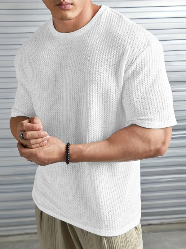 2025. aasta uus suvine meeste piiriülene Xiyin Amazon Aliexpressi puhta värvi žakaarmustriga ümara kaelusega kootud lühikeste varrukatega T-särk