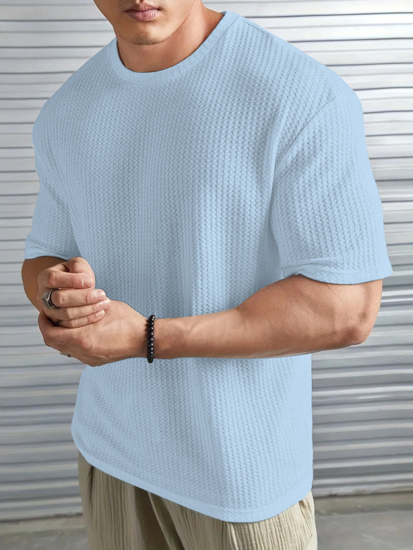 2025. aasta uus suvine meeste piiriülene Xiyin Amazon Aliexpressi puhta värvi žakaarmustriga ümara kaelusega kootud lühikeste varrukatega T-särk