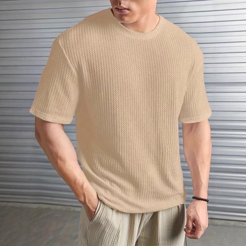 2025. aasta uus suvine meeste piiriülene Xiyin Amazon Aliexpressi puhta värvi žakaarmustriga ümara kaelusega kootud lühikeste varrukatega T-särk