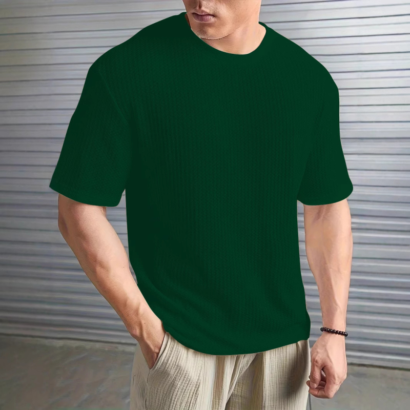 2025. aasta uus suvine meeste piiriülene Xiyin Amazon Aliexpressi puhta värvi žakaarmustriga ümara kaelusega kootud lühikeste varrukatega T-särk