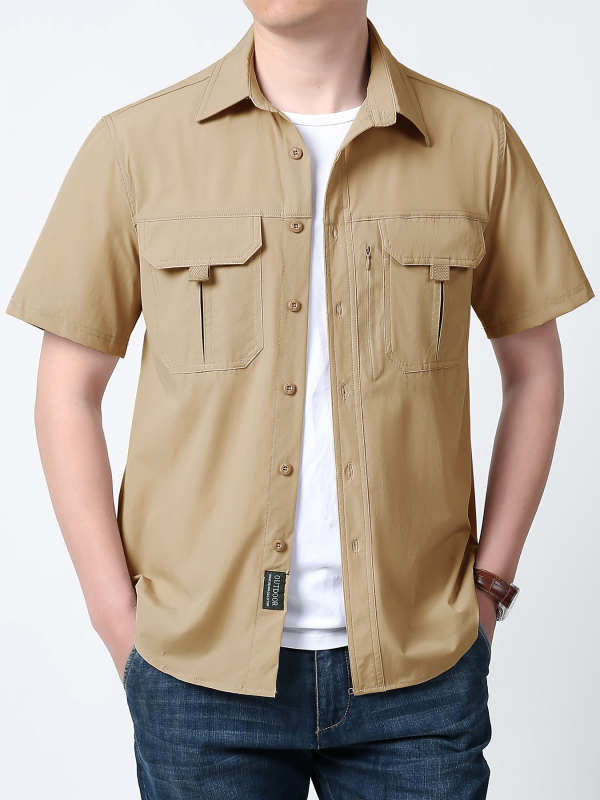 Suvine õues kasutatav vabaaja mitme taskuga tööriietus, lühikeste varrukatega särk, hingav õhuke särk, jääsiidist elastne, kiiresti kuivav meeste tööriietus