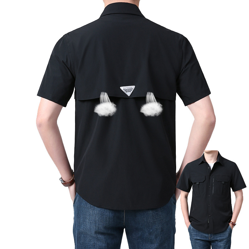 Suvine õues kasutatav vabaaja mitme taskuga tööriietus, lühikeste varrukatega särk, hingav õhuke särk, jääsiidist elastne, kiiresti kuivav meeste tööriietus