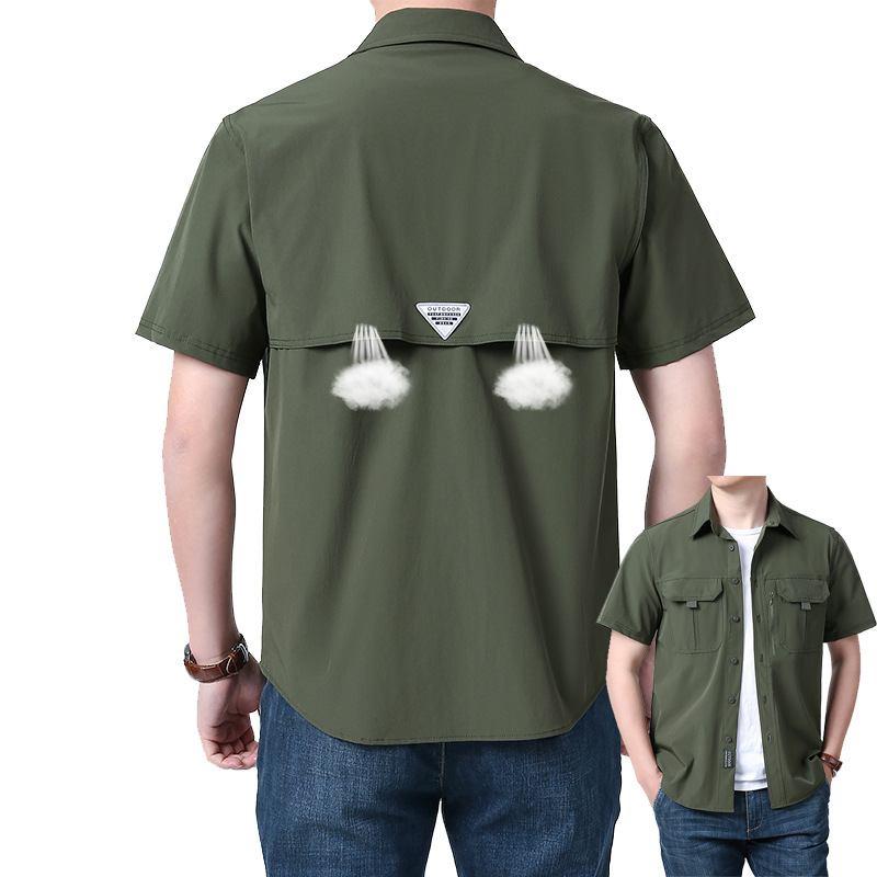 Suvine õues kasutatav vabaaja mitme taskuga tööriietus, lühikeste varrukatega särk, hingav õhuke särk, jääsiidist elastne, kiiresti kuivav meeste tööriietus