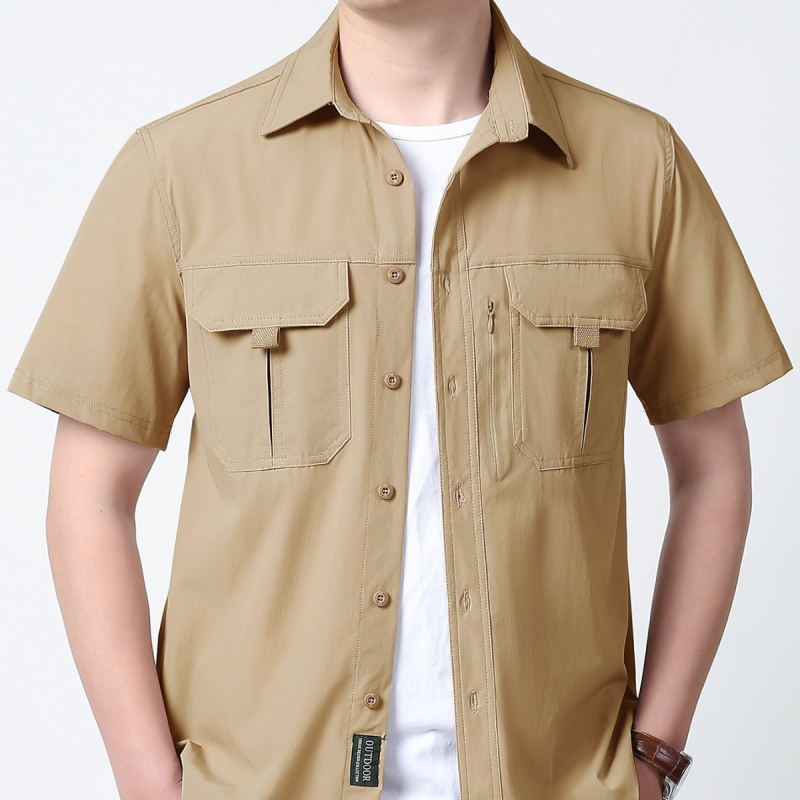 Suvine õues kasutatav vabaaja mitme taskuga tööriietus, lühikeste varrukatega särk, hingav õhuke särk, jääsiidist elastne, kiiresti kuivav meeste tööriietus