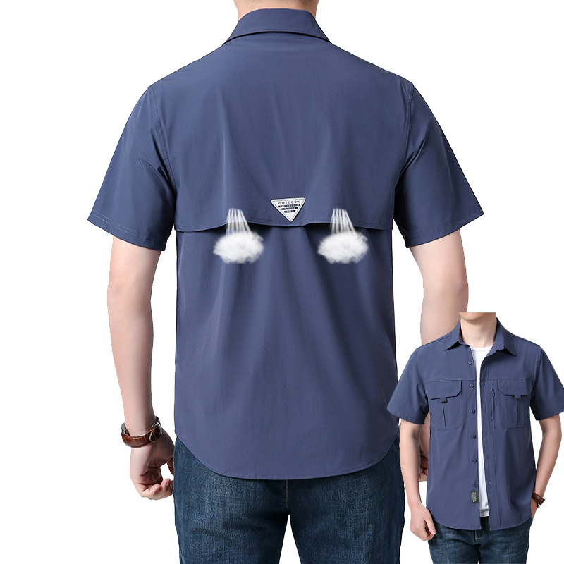 Suvine õues kasutatav vabaaja mitme taskuga tööriietus, lühikeste varrukatega särk, hingav õhuke särk, jääsiidist elastne, kiiresti kuivav meeste tööriietus