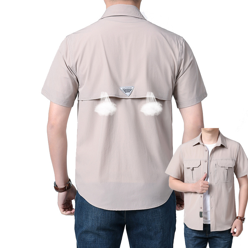 Suvine õues kasutatav vabaaja mitme taskuga tööriietus, lühikeste varrukatega särk, hingav õhuke särk, jääsiidist elastne, kiiresti kuivav meeste tööriietus