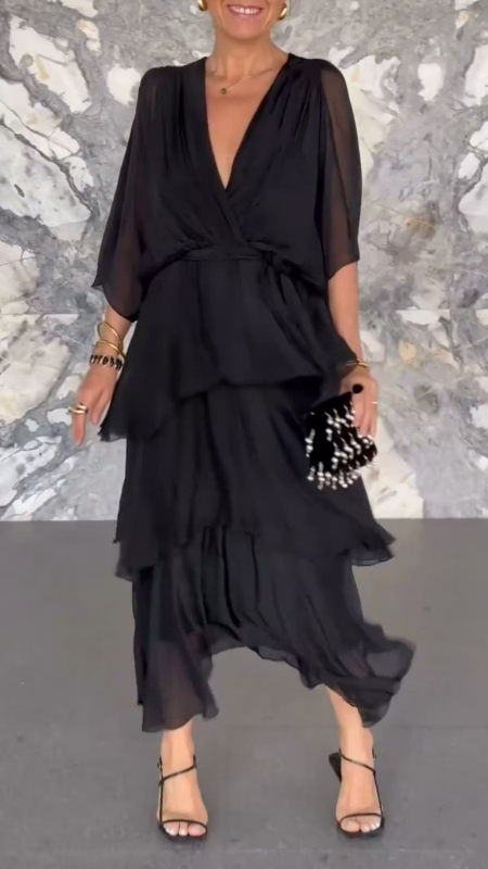 2025. aasta Euroopa ja Ameerika piiriülene Amazoni kevad- ja suvekleit, ühevärviline, V-kaelusega šifoonist koogiseeliku ja nahkhiirevarrukatega