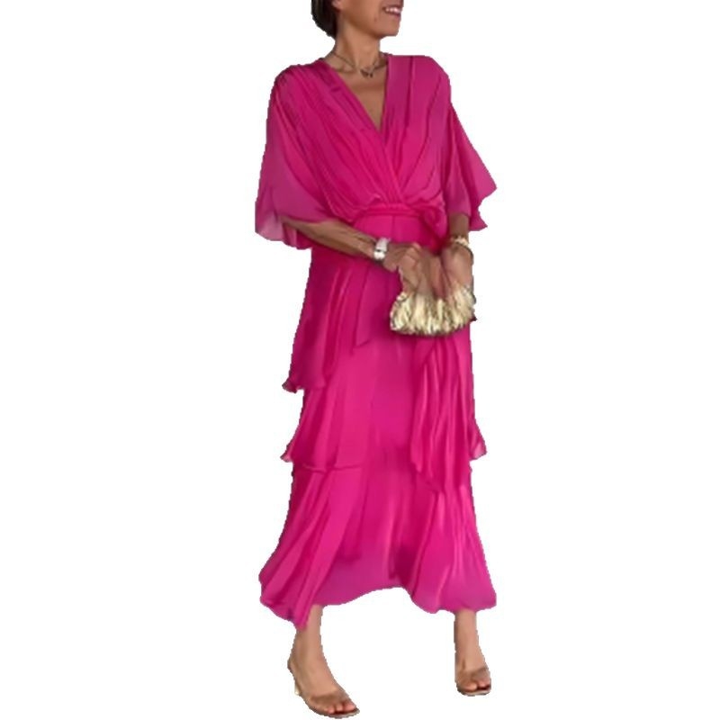 2025. aasta Euroopa ja Ameerika piiriülene Amazoni kevad- ja suvekleit, ühevärviline, V-kaelusega šifoonist koogiseeliku ja nahkhiirevarrukatega