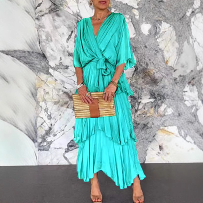 2025. aasta Euroopa ja Ameerika piiriülene Amazoni kevad- ja suvekleit, ühevärviline, V-kaelusega šifoonist koogiseeliku ja nahkhiirevarrukatega