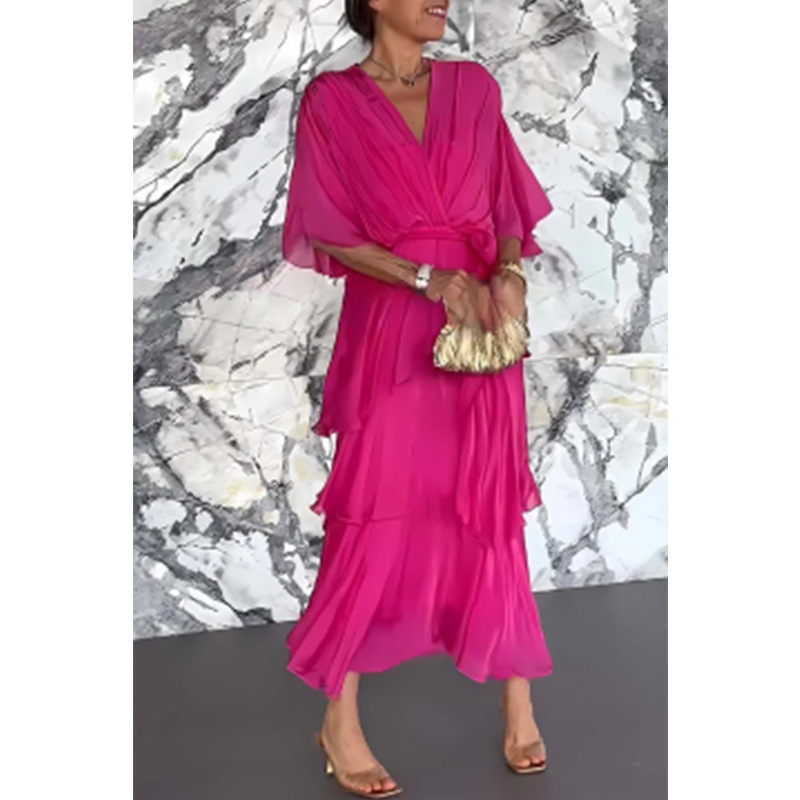 2025. aasta Euroopa ja Ameerika piiriülene Amazoni kevad- ja suvekleit, ühevärviline, V-kaelusega šifoonist koogiseeliku ja nahkhiirevarrukatega