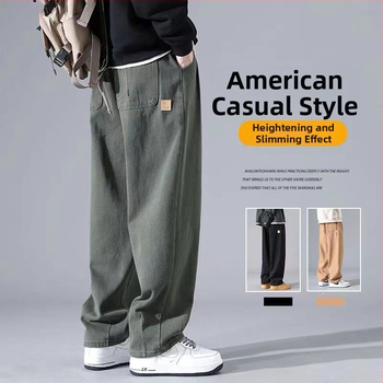 Ανδρικά παντελόνια cargo σε αμερικανικό στυλ 2025, νέα, χαλαρά ίσια παντελόνια, άνοιξη-φθινόπωρο-καλοκαίρι, φαρδιά μπατζάκια, ανοιξιάτικα ανδρικά casual παντελόνια