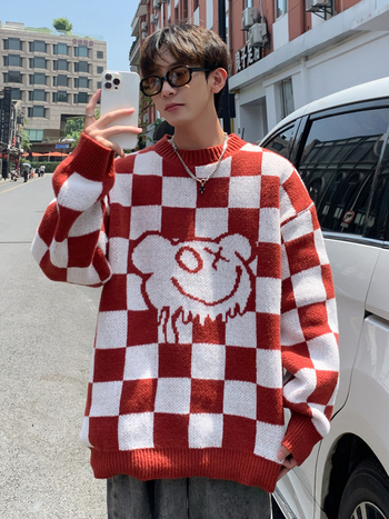Мъжки пуловер с кръгло деколте в шахматна дъска, есенен и зимен, свободен, мързелив стил, универсален пуловер, палто, личност, моден пуловер