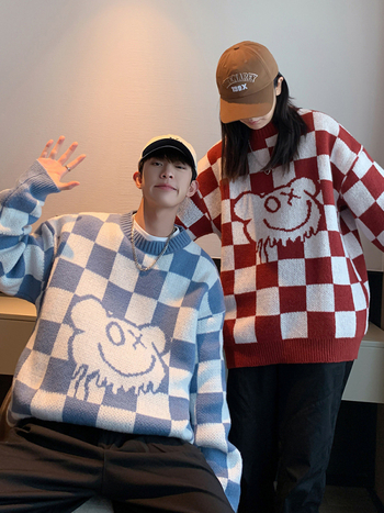 Мъжки пуловер с кръгло деколте в шахматна дъска, есенен и зимен, свободен, мързелив стил, универсален пуловер, палто, личност, моден пуловер