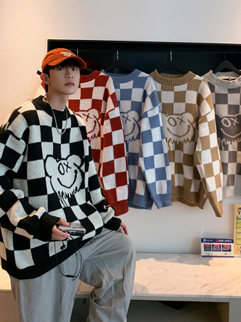 Мъжки пуловер с кръгло деколте в шахматна дъска, есенен и зимен, свободен, мързелив стил, универсален пуловер, палто, личност, моден пуловер