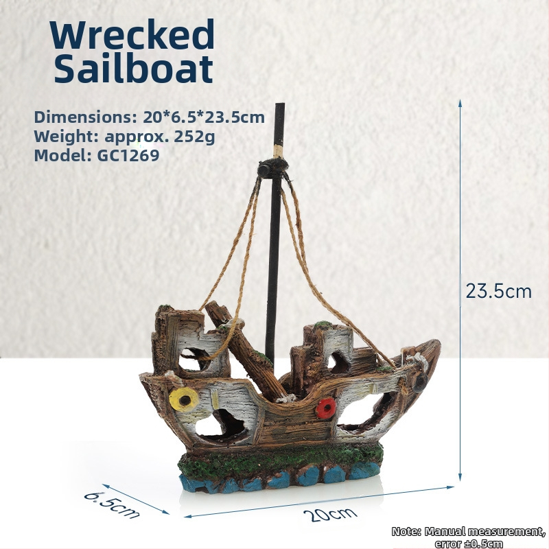 Piraadilaeva akvaariumi maastik, kalapaak, maastiku kaunistus, paadi vältimine, maja kaunistus, paat, õõnesvaiguga laev, laevahukk, GC