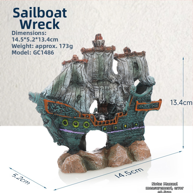 Piraadilaeva akvaariumi maastik, kalapaak, maastiku kaunistus, paadi vältimine, maja kaunistus, paat, õõnesvaiguga laev, laevahukk, GC