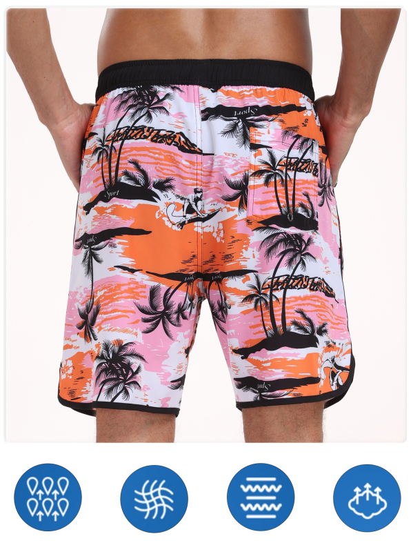 Meeste piiriülesed lühikesed püksid, meeste kiiresti kuivavad ujumispüksid, moodsed lahtised rannapüksid, mitme taskuga trükitud disainiga rannapüksid