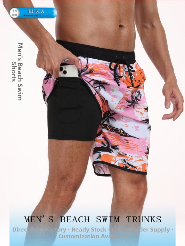 Meeste piiriülesed lühikesed püksid, meeste kiiresti kuivavad ujumispüksid, moodsed lahtised rannapüksid, mitme taskuga trükitud disainiga rannapüksid