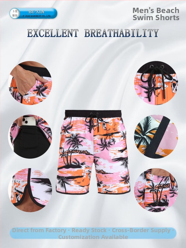 Мъжки шорти за мъже с бързосъхнеща материя, модни широки плажни панталони с много джобове и щампован дизайн