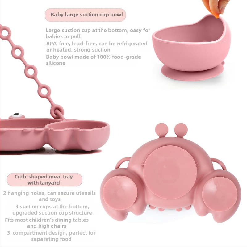 Uus beebi silikoonist õhtusöögitaldrik beebitoidu lisanõud laste söögiriistad koomiksikrabi taldrik kukkumisvastase ketiga