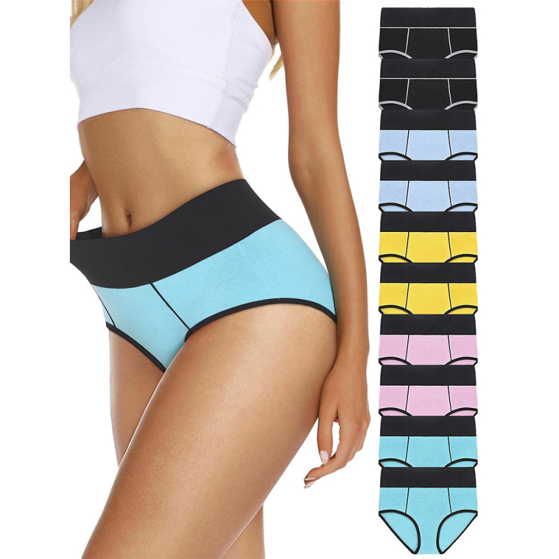 Piiriülene 10-osaline Amazoni puuvillane naiste aluspesu kõrge vöökoha ja puusaga, mitme suurusega kontrastne naiste aluspesu