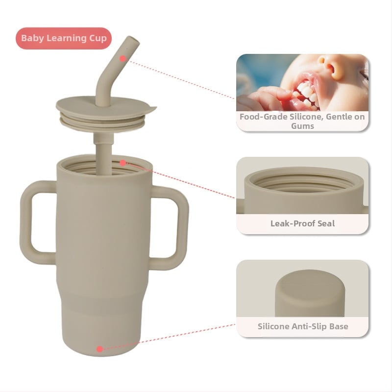 Kūdikių ir mažylių mokomasis šiaudelis su rankena, apsaugantis nuo kritimo ir pratekėjimo, sandarus maistinio silikono tiesioginio gėrimo puodelis, vaikų mokymosi gėrimo puodelis