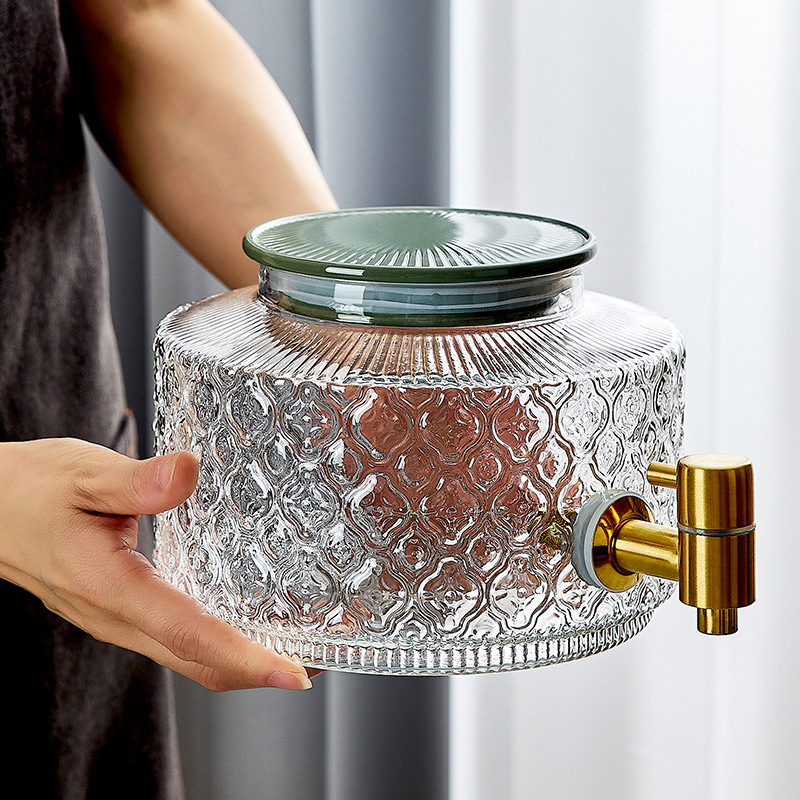 Stiklinis šaldytuvo šalto vandens butelis su čiaupu vasarinių vaisių arbatos kibirėlis, atsparus aukštai temperatūrai, ledinio vandens gėrimų kibirėlis, šalto vandens ekstrakcijos puodas, šalto vandens butelis