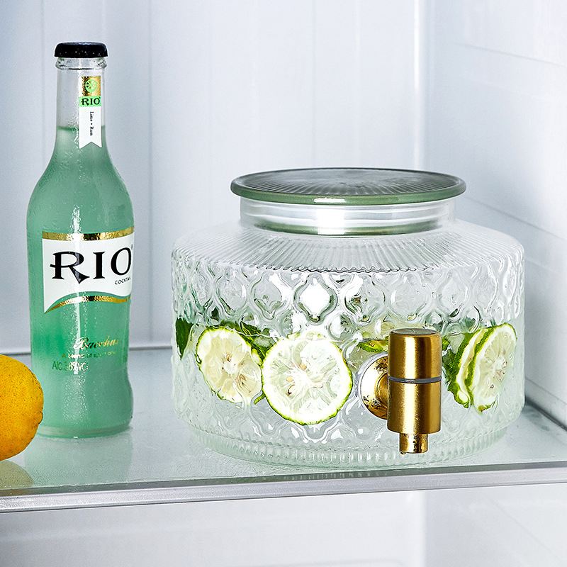 Stiklinis šaldytuvo šalto vandens butelis su čiaupu vasarinių vaisių arbatos kibirėlis, atsparus aukštai temperatūrai, ledinio vandens gėrimų kibirėlis, šalto vandens ekstrakcijos puodas, šalto vandens butelis