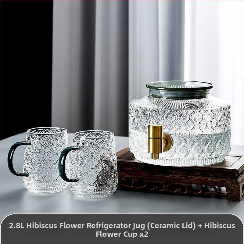 Stiklinis šaldytuvo šalto vandens butelis su čiaupu vasarinių vaisių arbatos kibirėlis, atsparus aukštai temperatūrai, ledinio vandens gėrimų kibirėlis, šalto vandens ekstrakcijos puodas, šalto vandens butelis