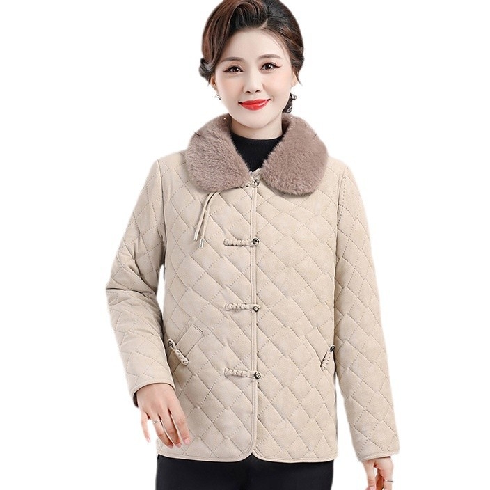 Mamos žieminis vilnos pamušalu medvilninis paltas 2024 m. Naujas šiltas paltas vidutinio ir pagyvenusio amžiaus moterims, žieminis paltas, nacionalinio stiliaus, minkštos odos medvilninis paltas
